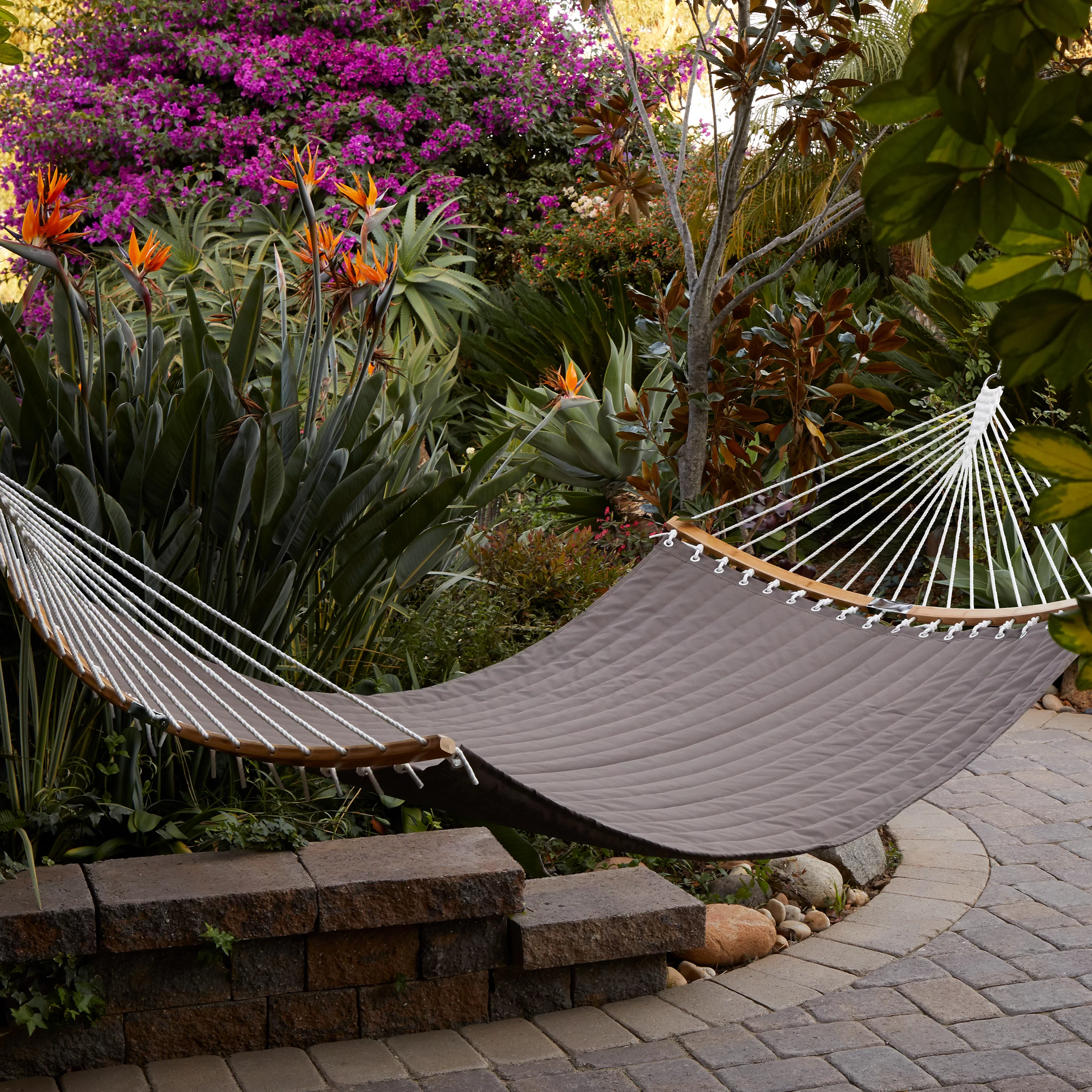 A hammock hanging over a paved pathway with tropical plants in the background.