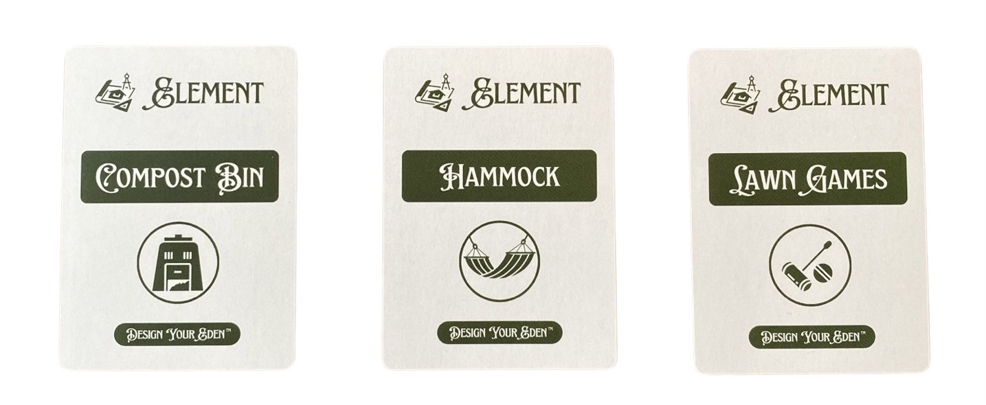 Three playing cards featuring garden design elements.