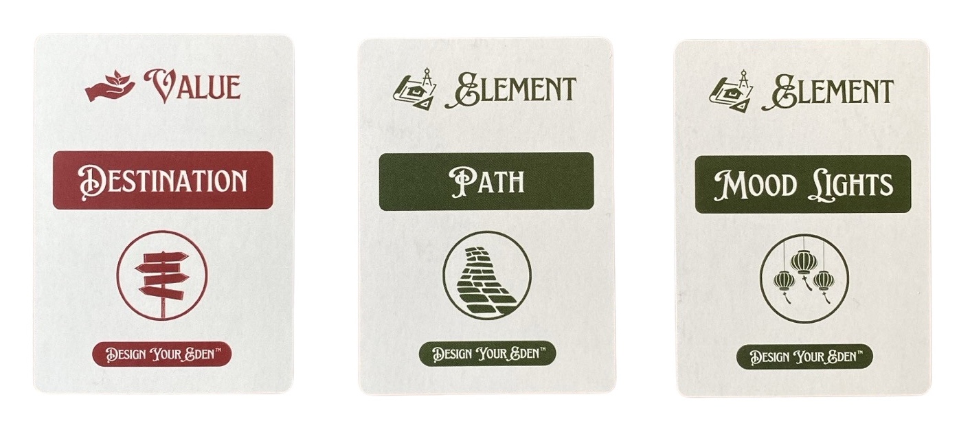 A set of three playing cards describing a Value and 2 Elements of garden design.