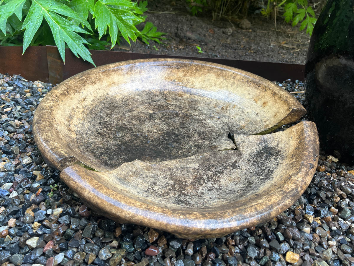 empty broken birdbath cleaned up for planting